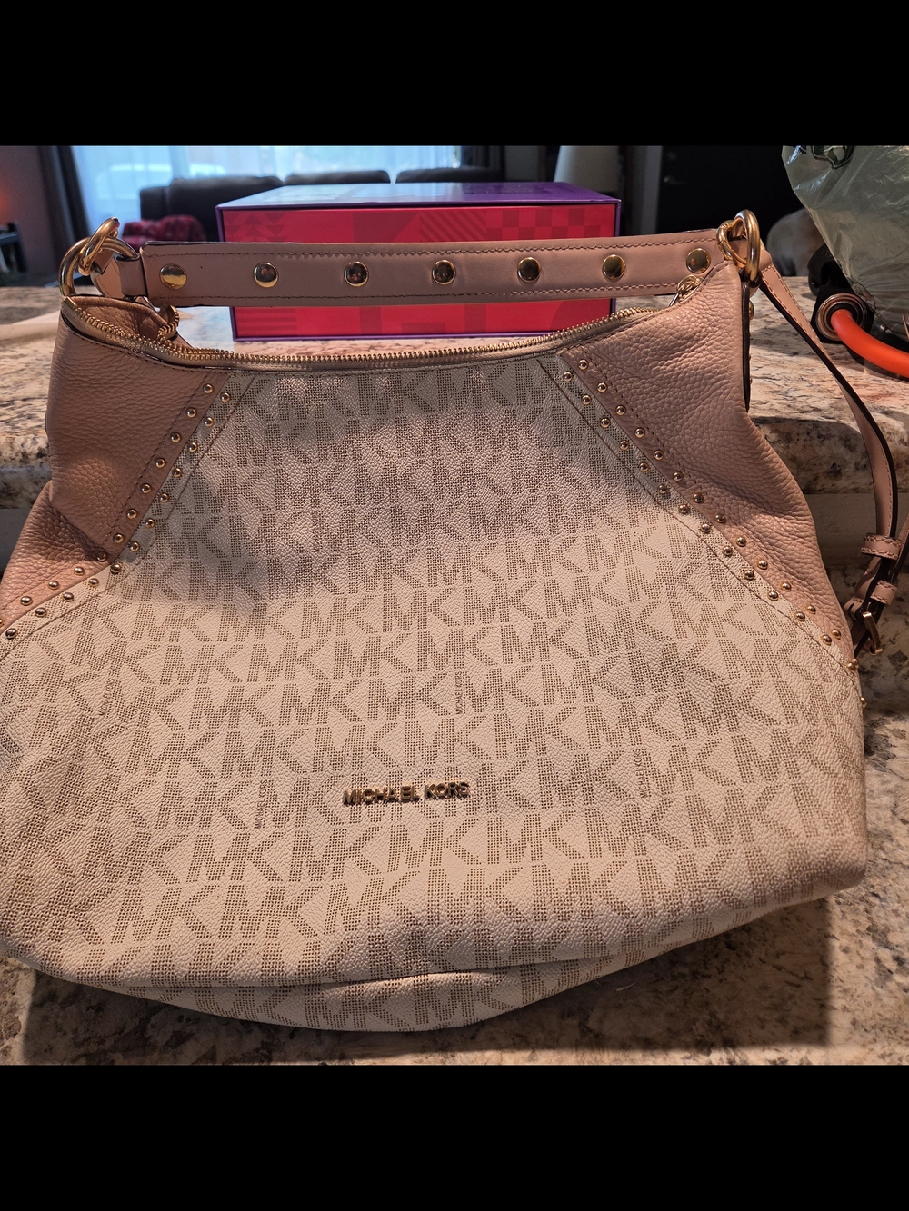Michael Kors Blush Cream Logo Shoulder Bag with Gold Hardware